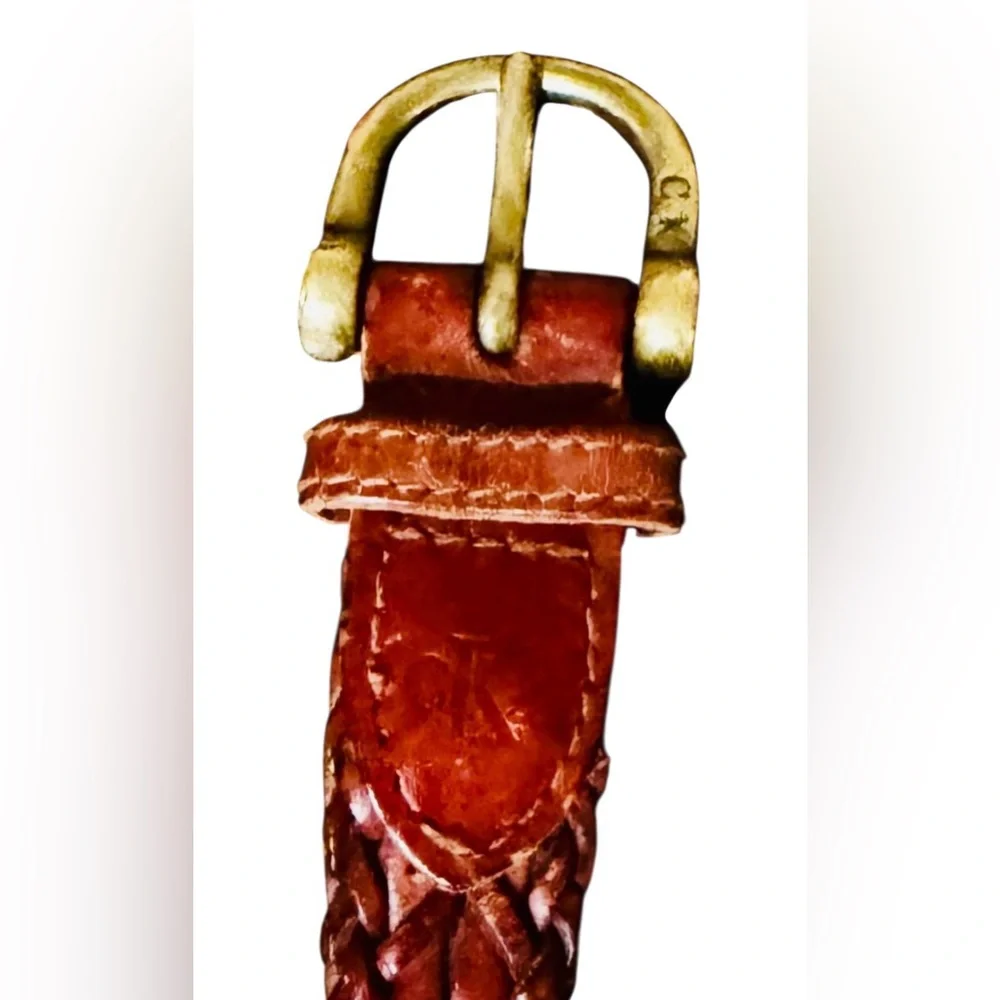 Calvin Klein sz 36-42 READ Brown leather belt brass buckle braided traditional